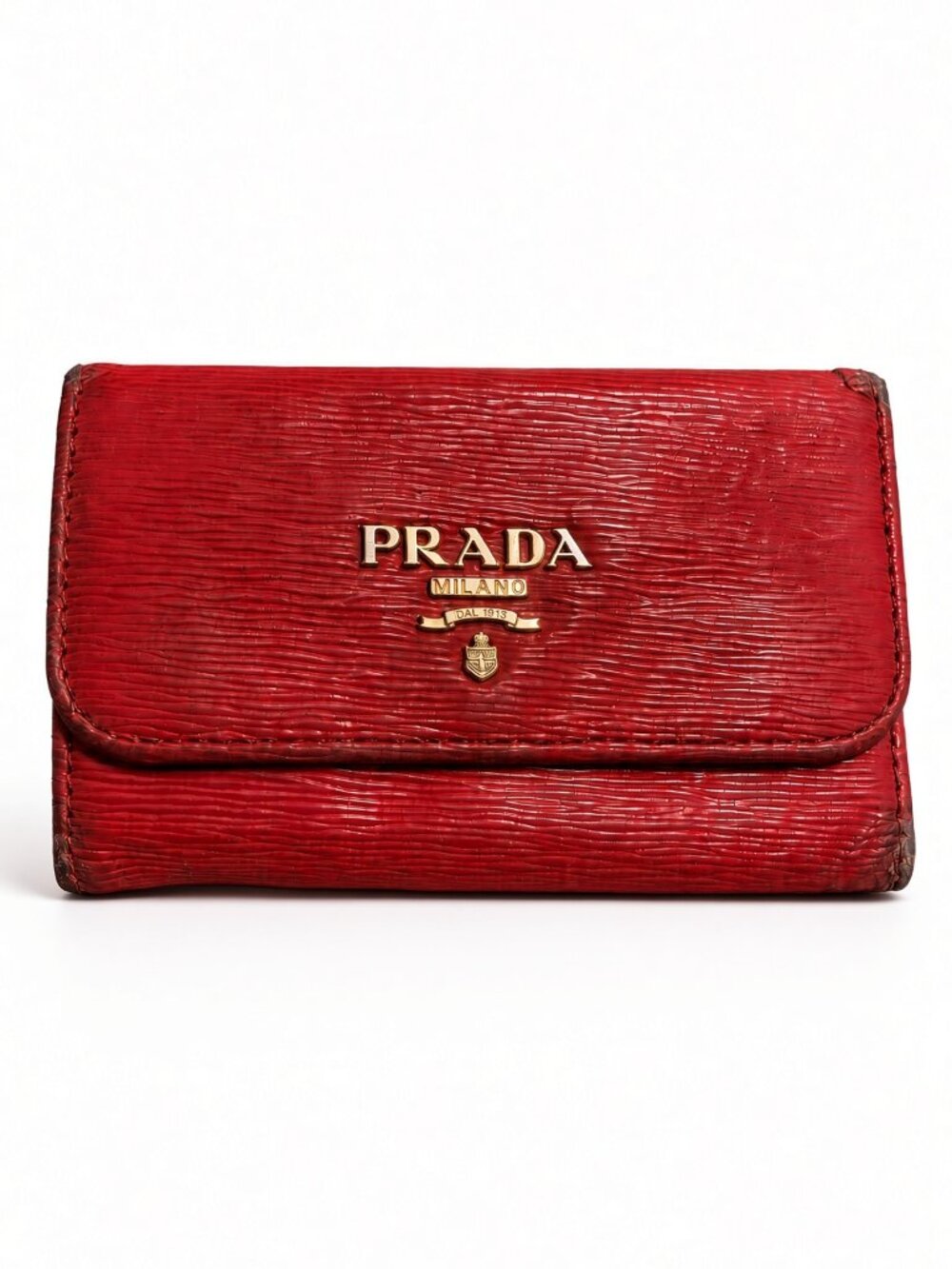 Prada Red Leather 6 Hook Key Case Gold Logo Used